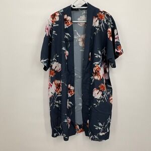 Sucrefas‎ Womens Navy Blue Floral Kimono Robe Open Front Summer Cover Up Size S
